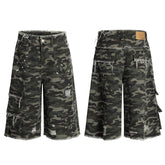 CapCabin Camo Distressed Utility Denim Shorts