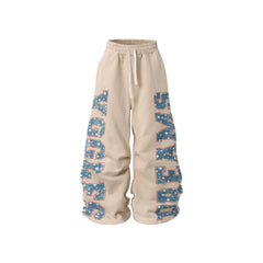 CapCabin Fleece-Lined Retro Letter Wide-Leg Sweatpants