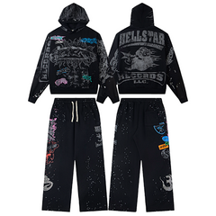 Hellstar Graphic Logo Distressed Hoodie & Pants Set - Black Streetwear Tracksuit
