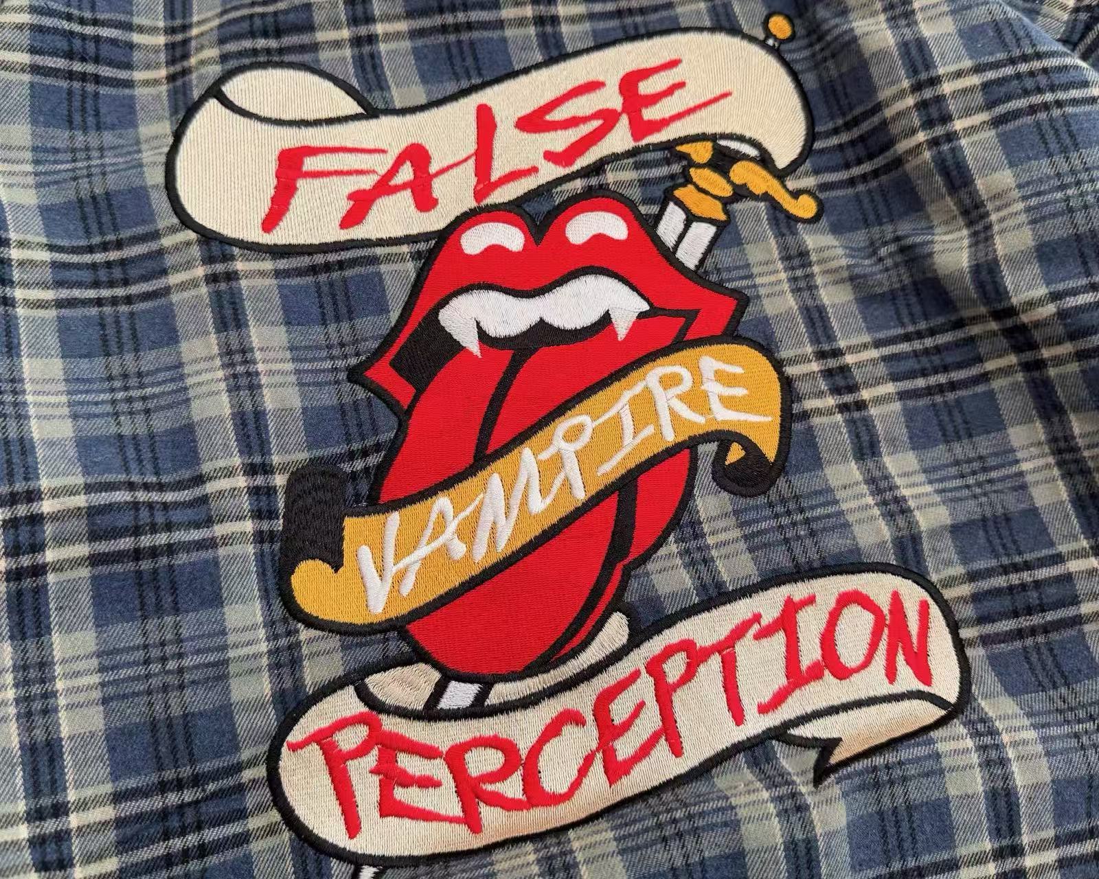 FALSE PERCEPTION Plaid Embroidered Graphic Shirt