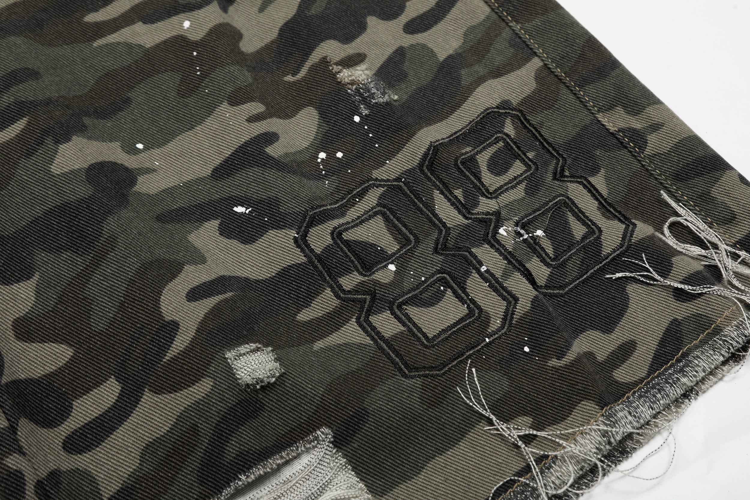 CapCabin Camo Distressed Utility Denim Shorts