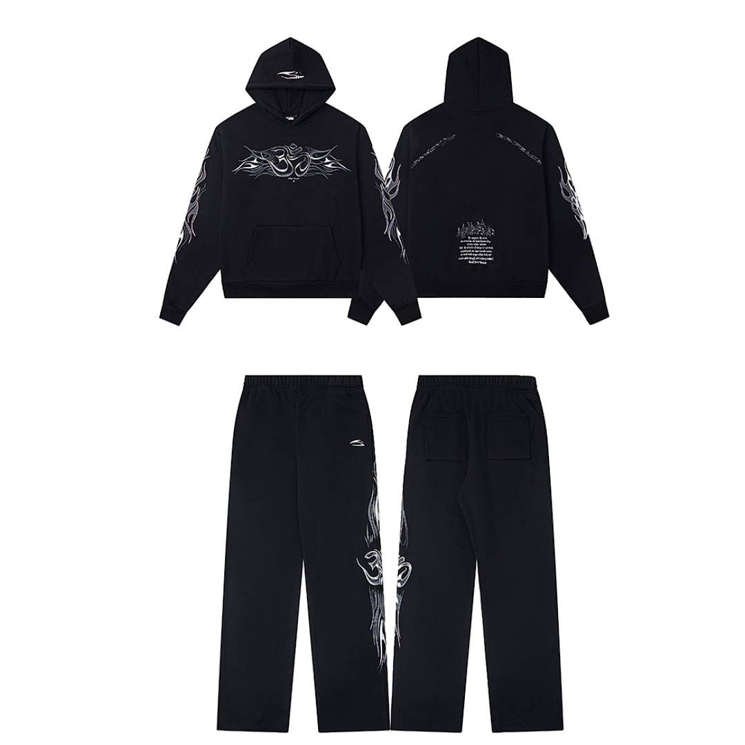 Hellstar Flame Tribal Graphic Hoodie & Pants Set - Black Streetwear Tracksuit