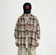 FALSE PERCEPTION Vintage Plaid Raw Hem Overshirt