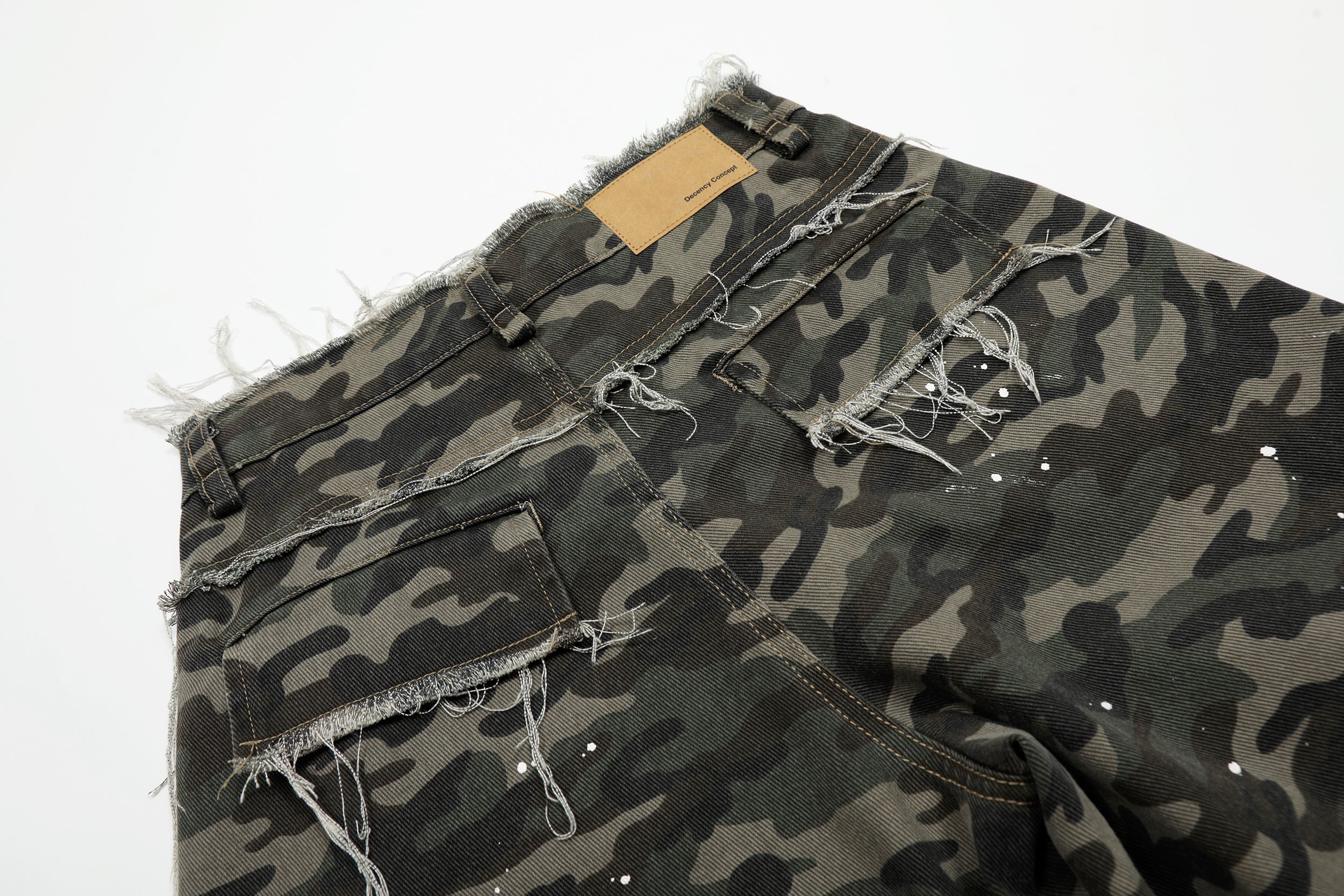 CapCabin Camo Distressed Utility Denim Shorts