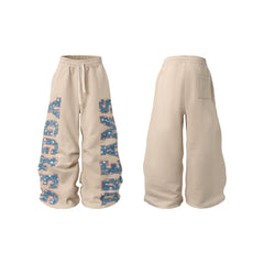 CapCabin Fleece-Lined Retro Letter Wide-Leg Sweatpants