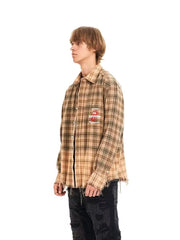 FALSE PERCEPTION Plaid Graphic Frayed Hem Shirt