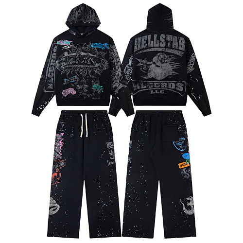 Hellstar Graphic Logo Distressed Hoodie & Pants Set - Black Streetwear Tracksuit