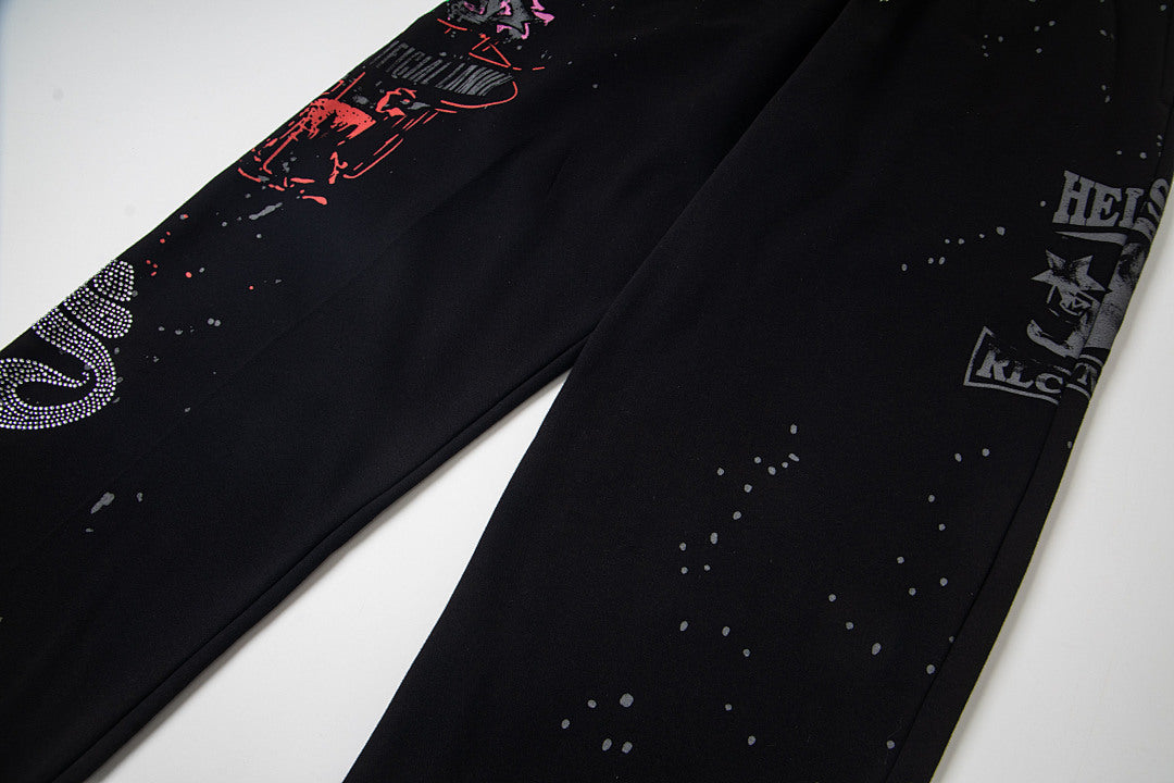 Hellstar Graphic Logo Distressed Hoodie & Pants Set - Black Streetwear Tracksuit