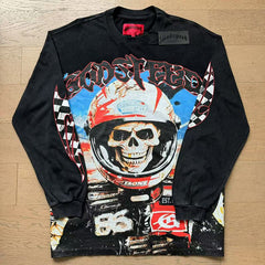 GodSpeed Washed Black Racing Skull Graphic Long Sleeve T-Shirt