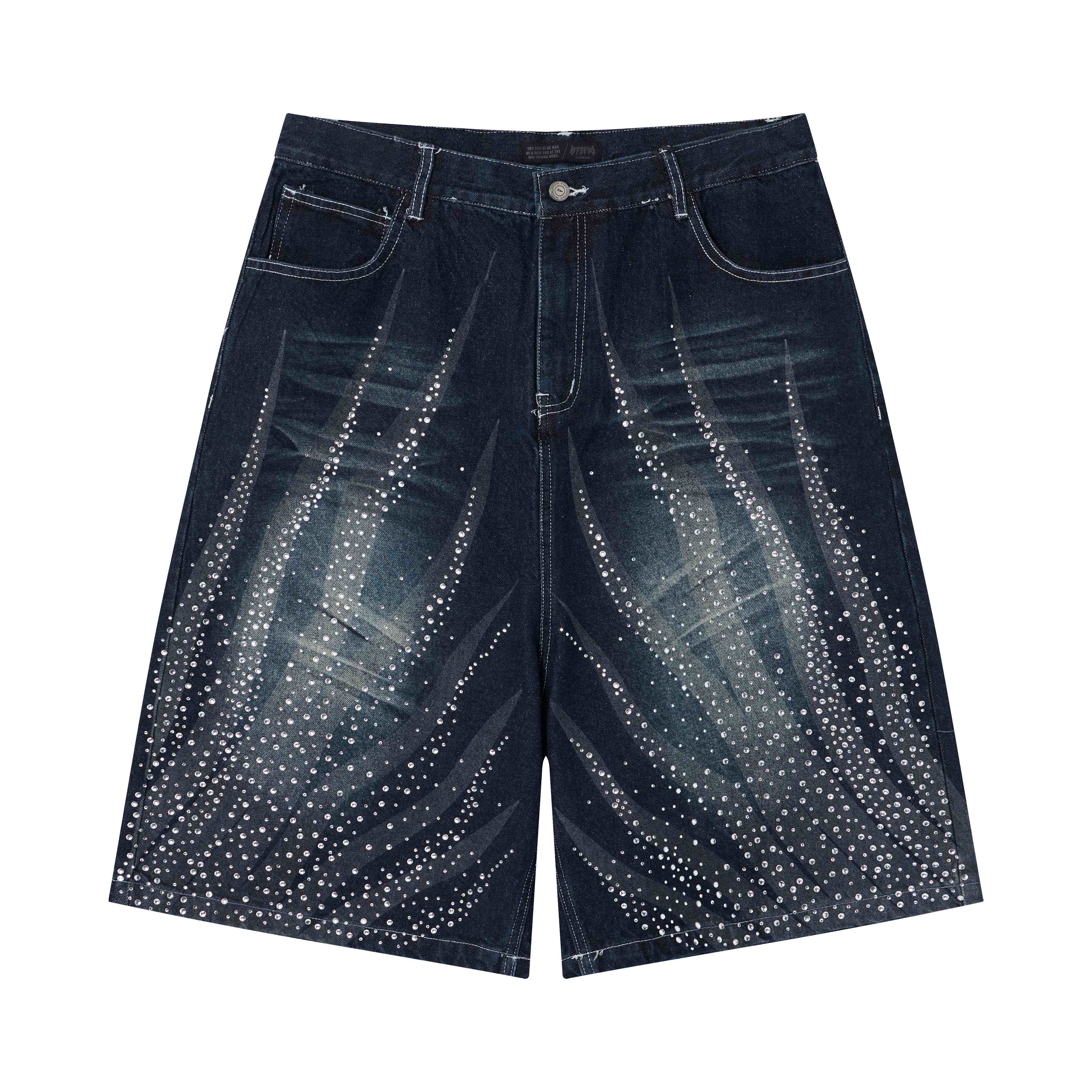 CapCabin Rhinestone Wash Denim Shorts