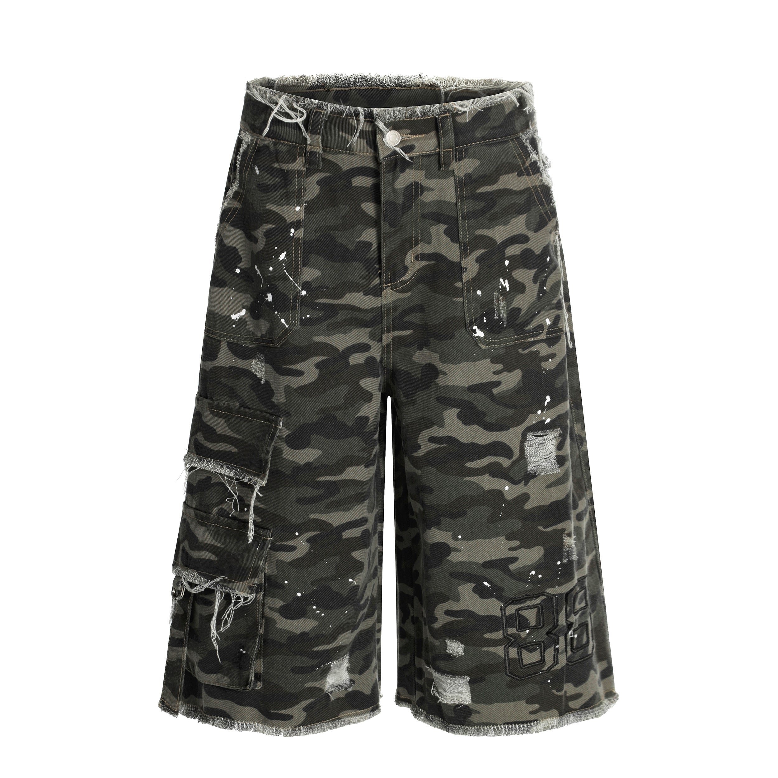 CapCabin Camo Distressed Utility Denim Shorts