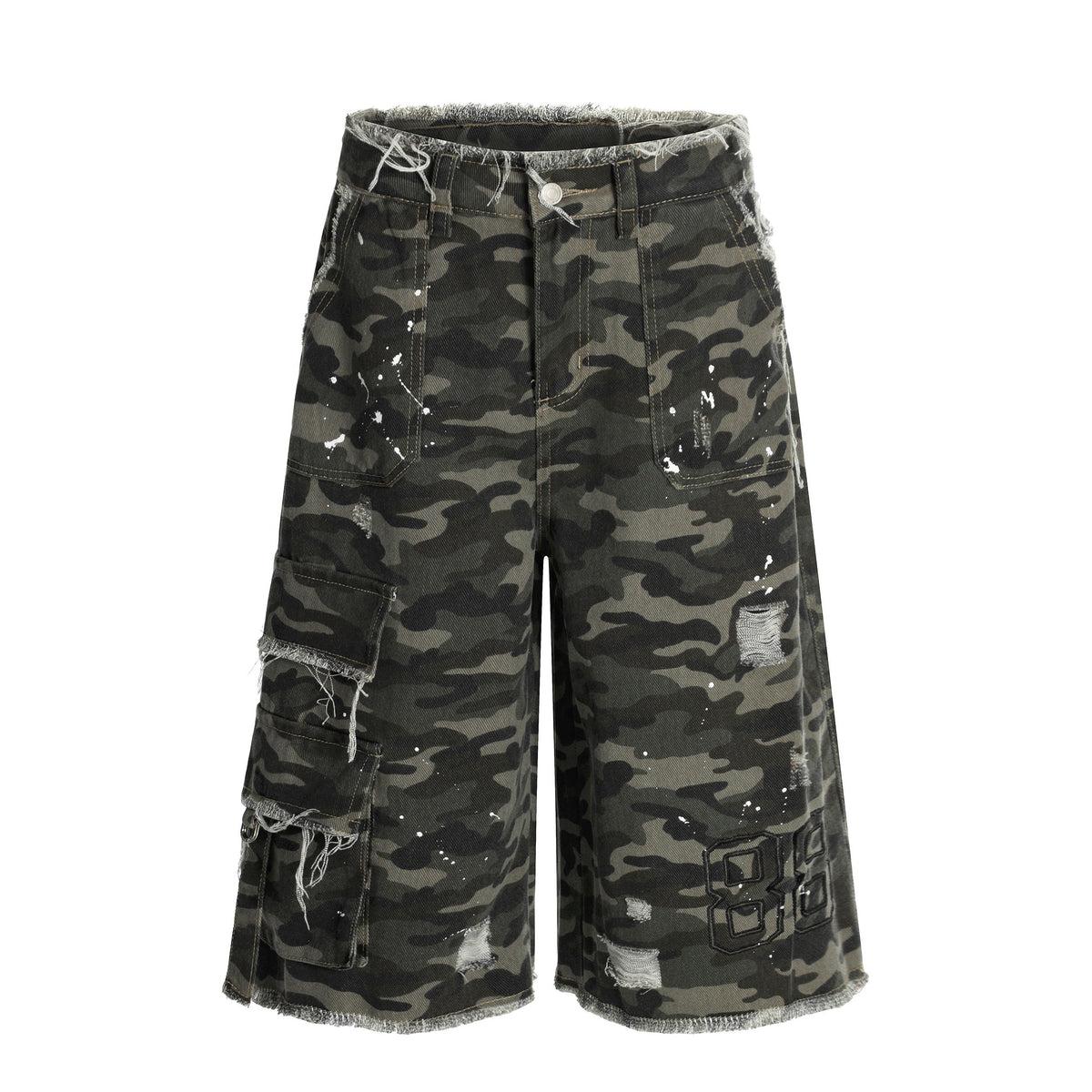 CapCabin Camo Distressed Utility Denim Shorts