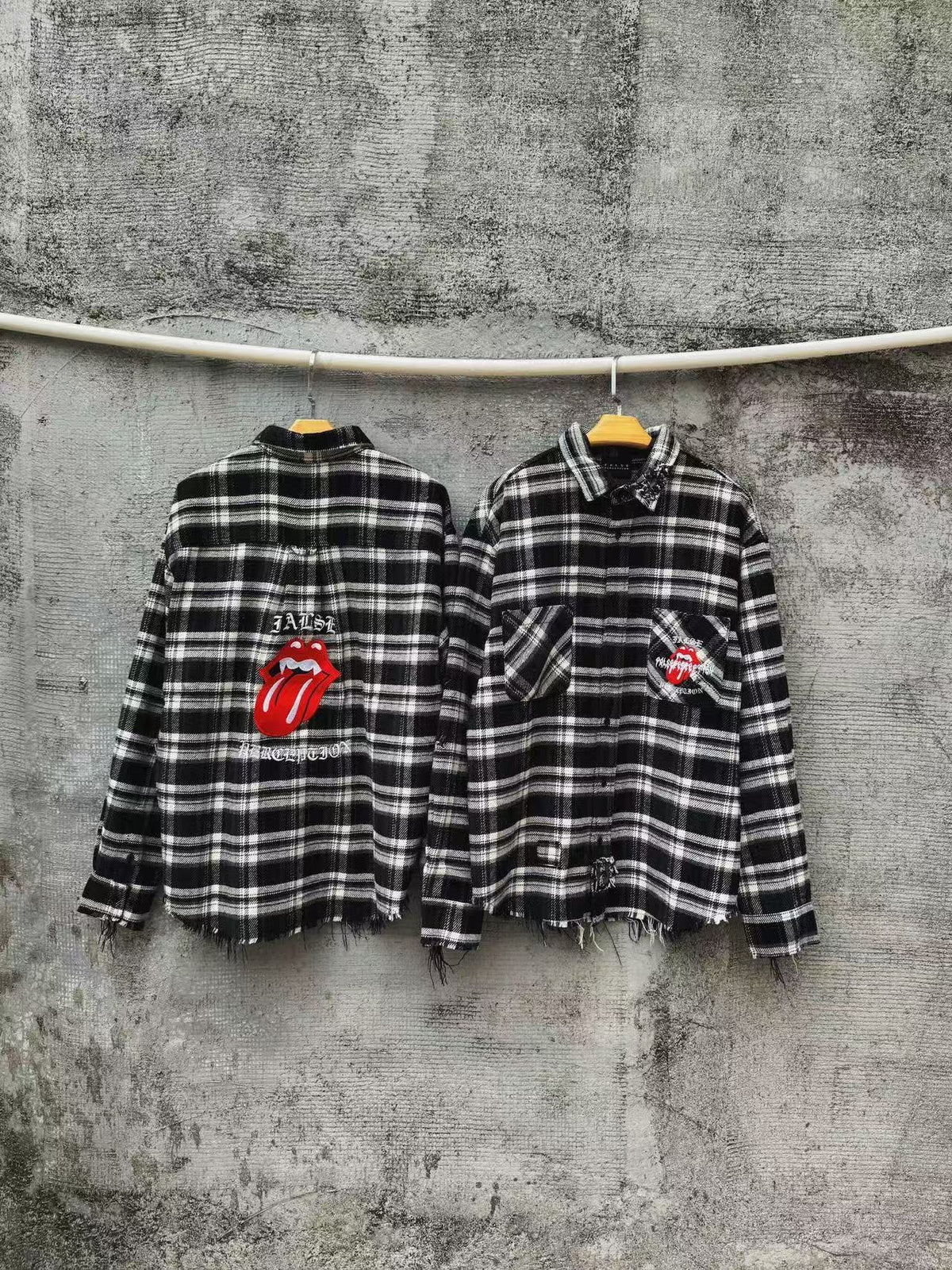 FALSE PERCEPTION Plaid Graphic Distressed Shirt