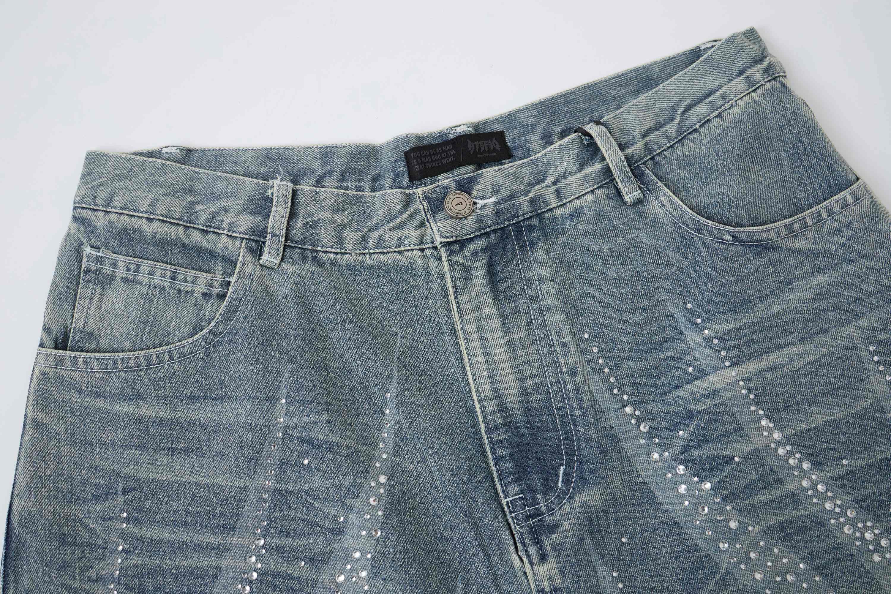 CapCabin Rhinestone Wash Denim Shorts