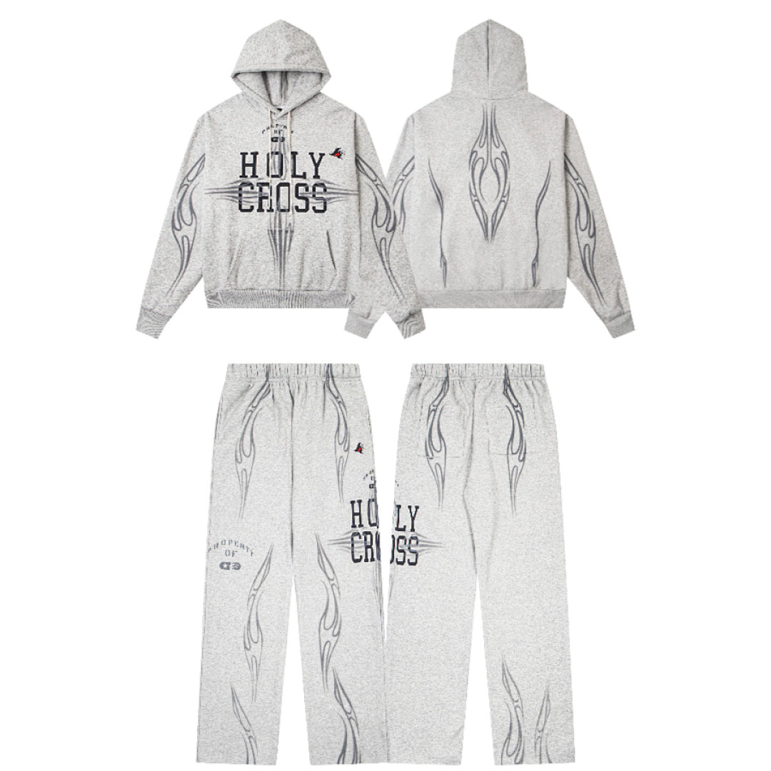 Hellstar Holy Cross Flame Graphic Hoodie & Pants Set - Grey Streetwear Tracksuit
